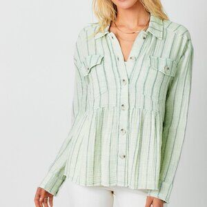 MYSTREE Mint Green Striped Button-Up Top, Textured Peplum Blouse, Long Sleeve